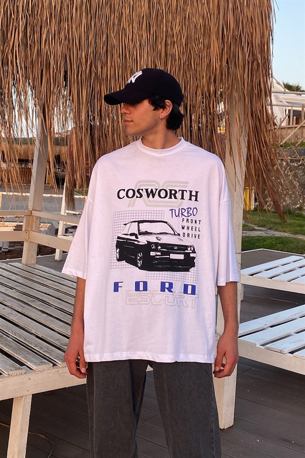 Cosworth Baskılı Beyaz Oversize Tshirt