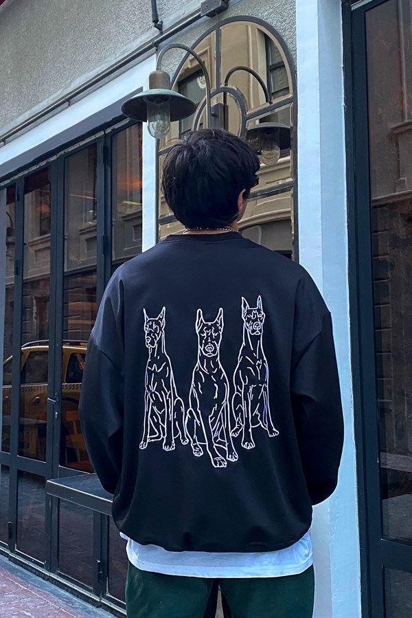 Flaw Atelier Doggy Printed Oversize Premium Siyah Sweatshirt