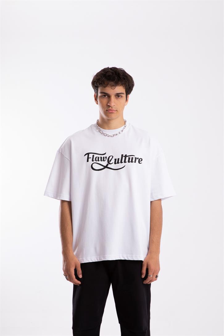 Flaw Culture Old School Printed Beyaz Oversize Tshirt