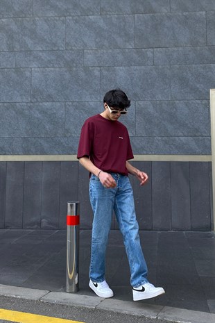 Göğüs Baskılı Oversize Bordo Tshirt