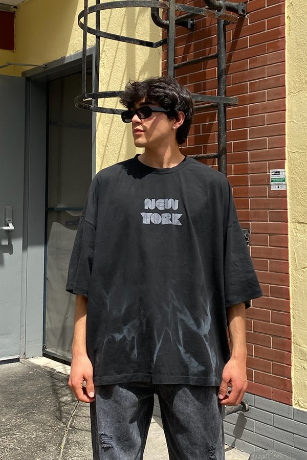 Hazy NY Baskılı Siyah Oversize Tshirt