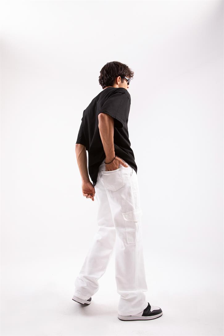 Kargo Cepli Beyaz Baggy Pantolon