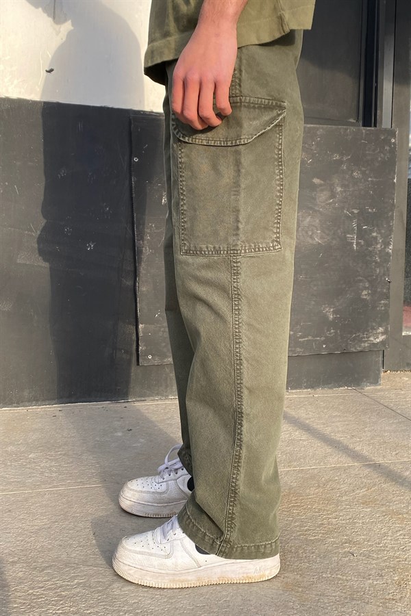 Khaki Cargo Pocket Acid Wash Baggy Pant