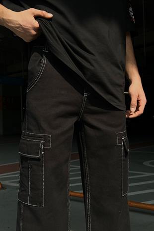 Kontrast Dikiş Kargo Cep Siyah Baggy Jean