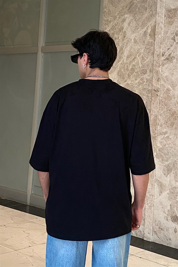 LA Chest Printed Oversize Siyah Tshirt