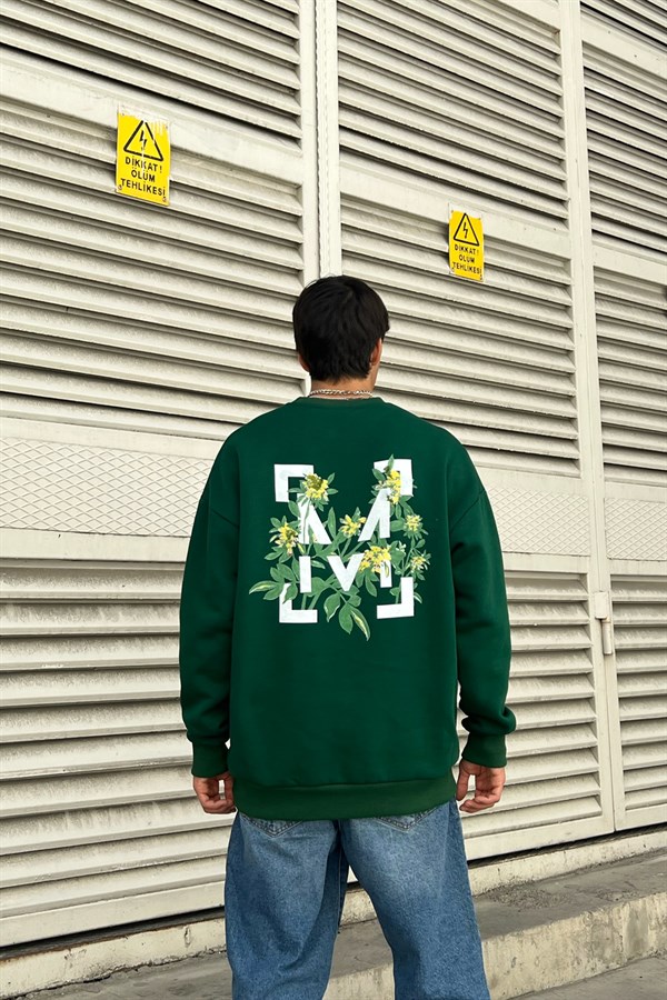 M Flowers Sırt Baskılı Yeşil Oversize Sweatshirt
