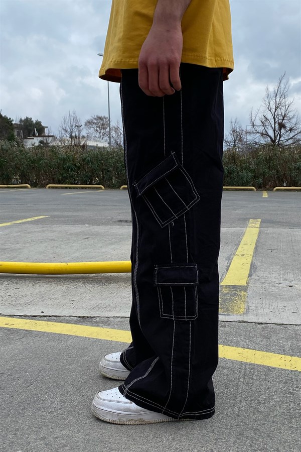 Mini Cep Dikiş Detay Siyah Baggy Fit Jean