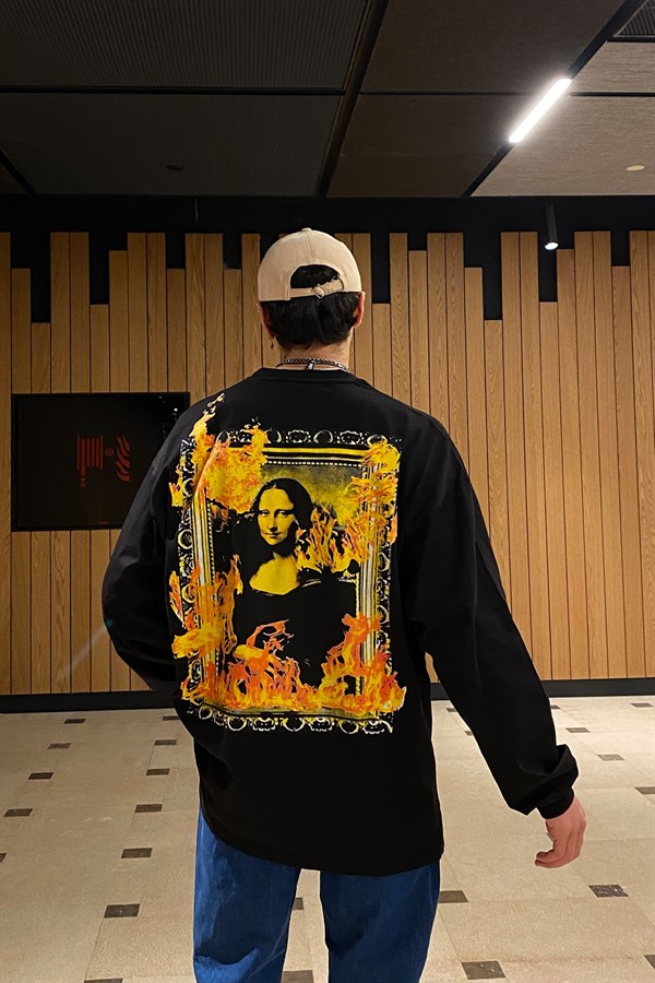 Monalisa Back Printed Oversize Siyah Sweatshirt
