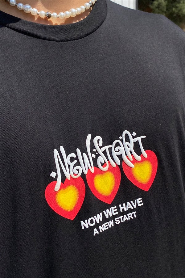 New Start Heart Baskılı Oversize Tshirt