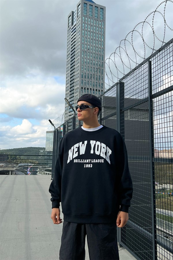 New York Baskılı Siyah Oversize Sweatshirt