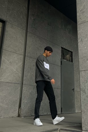 OFCL Nakışlı Koyu Gri Oversize Sweatshirt