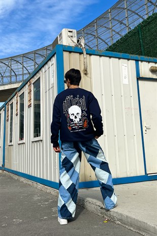 Ofcl Skull Sırt Baskılı Lacivert Oversize Sweatshirt