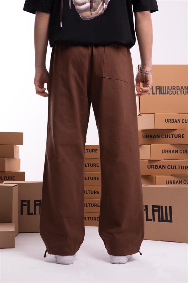 Paça İp Detaylı Kahverengi Baggy Pantolon