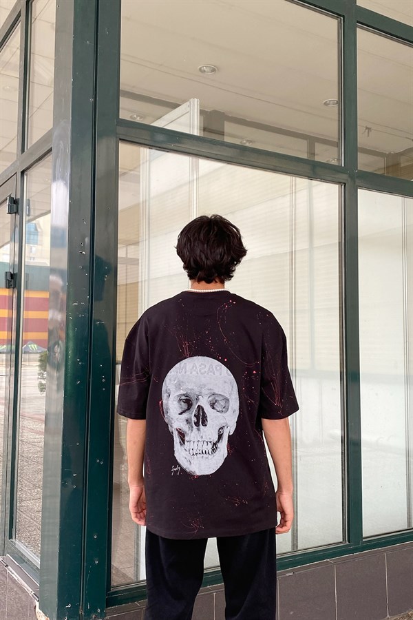Paint Splash Skull Baskılı Siyah Oversize Tshirt