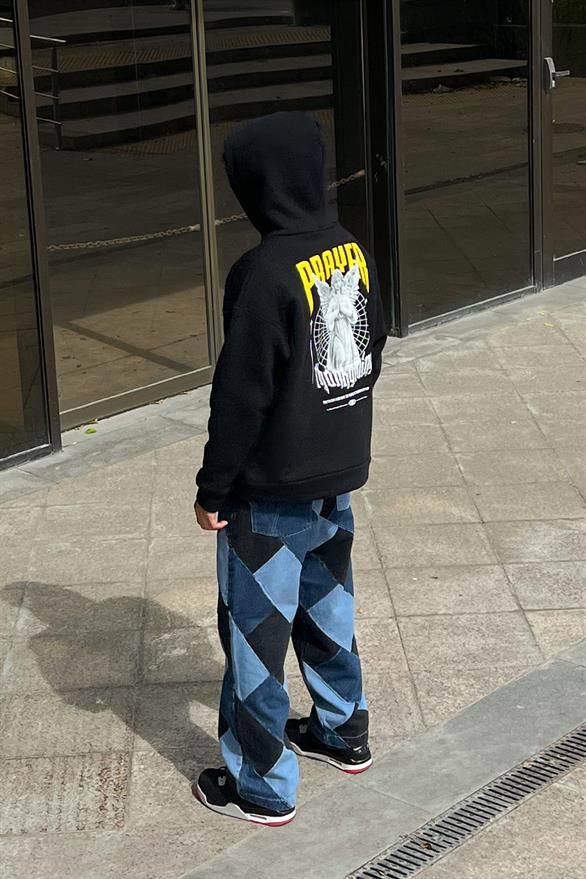 Prayer Statue Sırt Baskılı Siyah Oversize Hoodie
