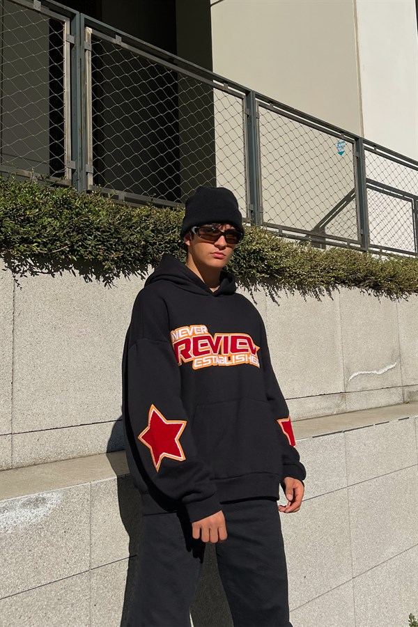 Rv Never Star Nakışlı Siyah Oversize Sweatshirt