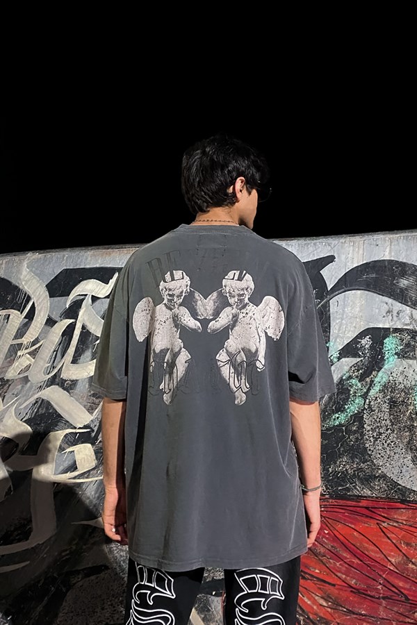 RV The Silent Angels Baskılı Antrasit Oversize Tshirt