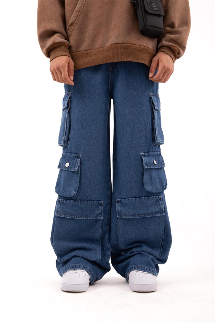 Six Cargo Pocket Mavi Baggy Jean