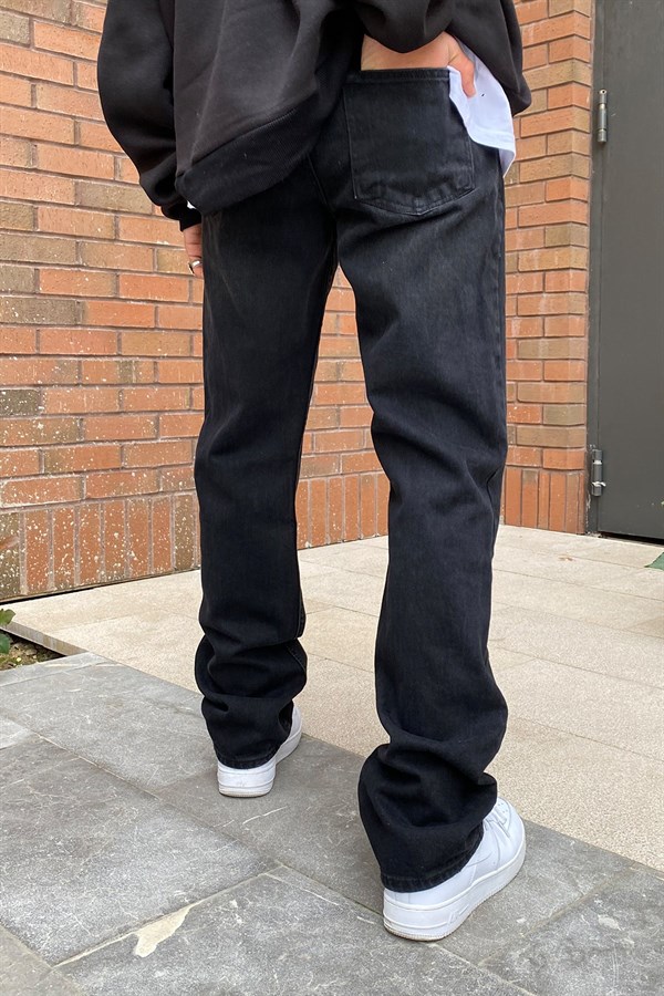 Siyah Premium Taşlamalı Wide Leg Jean