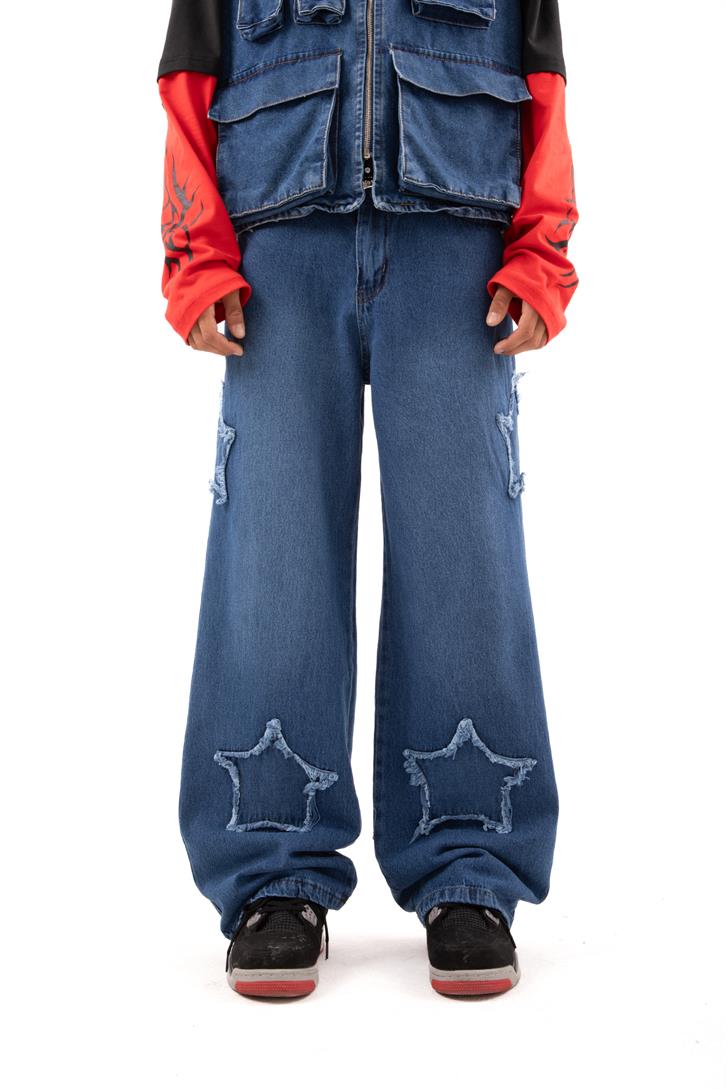 Star Patch Detay Mavi Baggy Jean