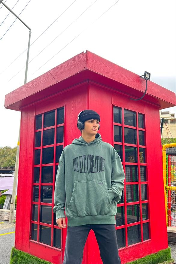 The Eye Creature Nakışlı Yıkamalı Yeşil Oversize Hoodie