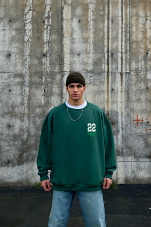 22 Nakışlı Yeşil Oversize Sweatshirt
