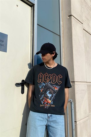 AC-DC Rock&Roll Train Baskılı Acid Wash Tshirt