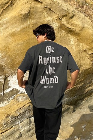 Againts The World Baskılı Acid Wash Oversize Tshirt