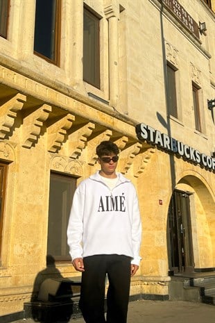 Aime Nakışlı Half-Zip Beyaz Sweatshirt