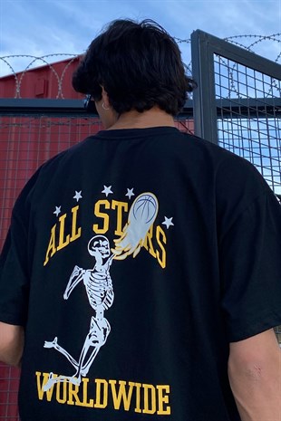 All Star Skeleton Baskılı Siyah Oversize Tshirt
