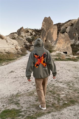ARKASI ALEV BASKILI OVERSIZE HOODIE