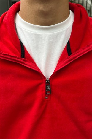 Basic Half-Zip Kırmızı Polar Sweatshirt
