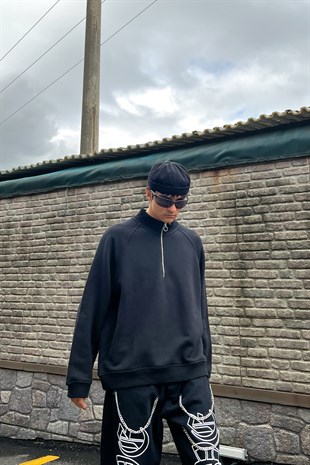 Basic Half-Zip Siyah Oversize Sweatshirt