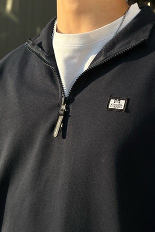 Basic Lacivert Half-Zip Sweatshirt