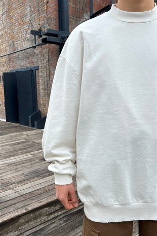 Basic Ripped Detail Ekru Oversize Sweatshirt