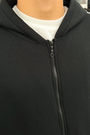 Basic Siyah Oversize Zipper Hoodie