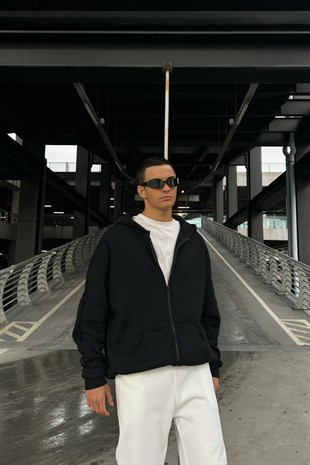 Basic Siyah Oversize Zipper Hoodie