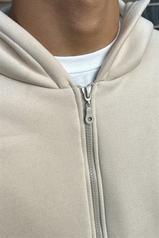 Basic Taş Rengi Oversize Zipper Hoodie