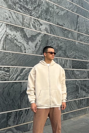 Basic Taş Rengi Oversize Zipper Hoodie