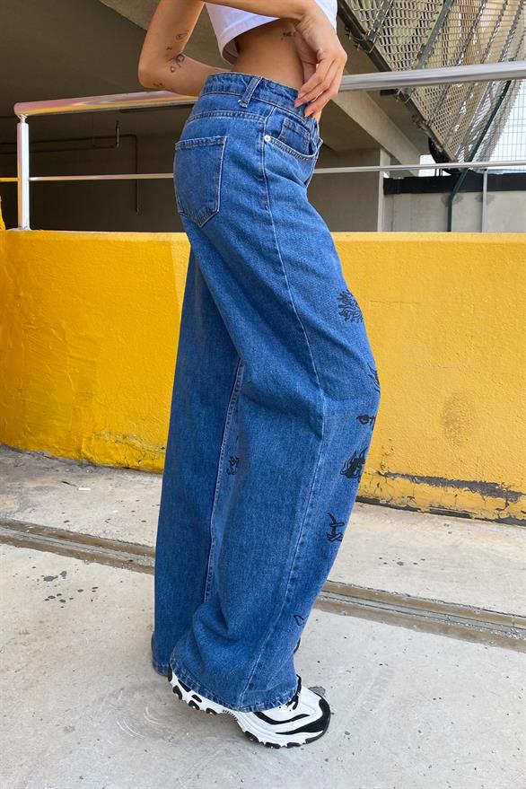 Baskı Detaylı Mavi Baggy Jean