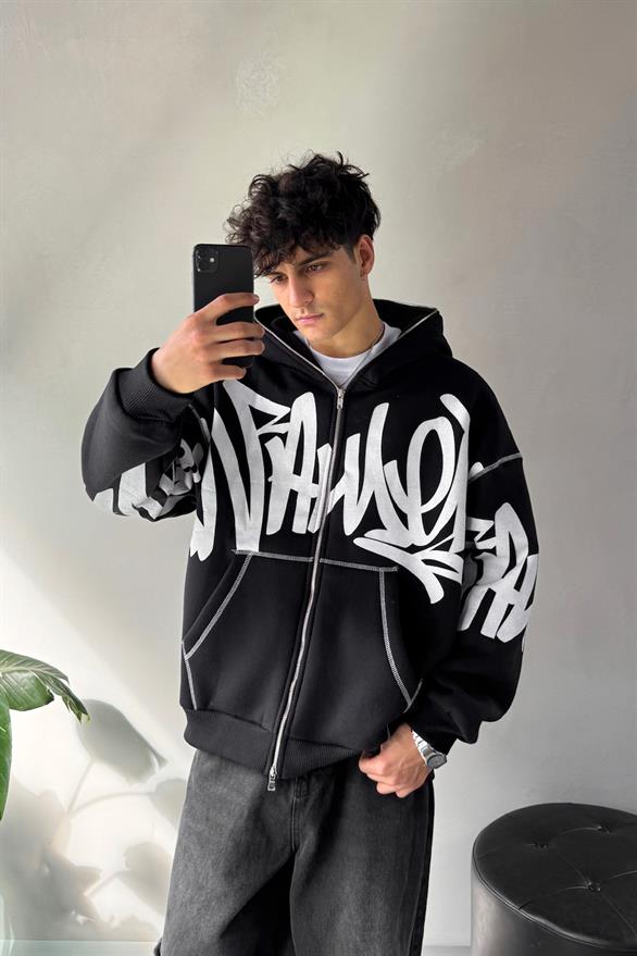 Baskılı Oversize Siyah Full Zip Hoodie