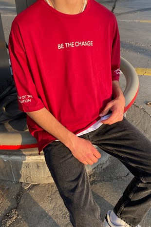 Be The Change Baskılı Bordo Oversize Tshirt