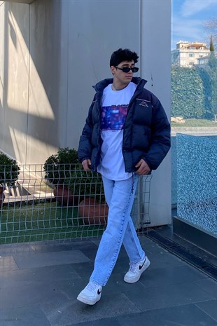 Blocked Printed Beyaz Oversize Premium Tshirt