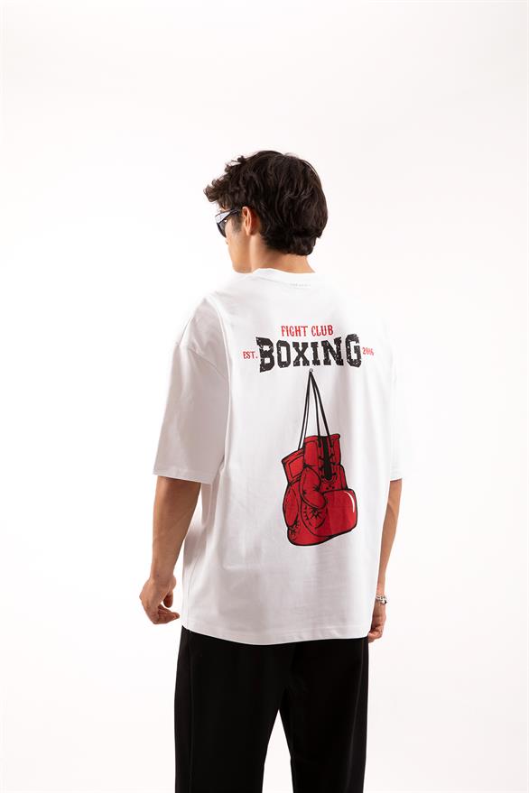 Boxing Baskılı Beyaz Oversize Tişört