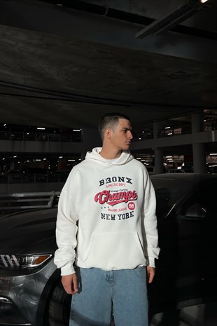 Bronx Champs Baskılı Beyaz Oversize Sweatshirt