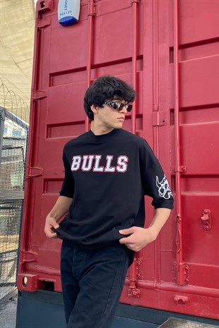 Bulls Baskılı Siyah Oversize Tshirt