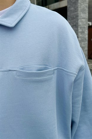 Cep Detaylı Bebek Mavisi Half-Zip Sweatshirt