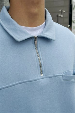 Cep Detaylı Bebek Mavisi Half-Zip Sweatshirt