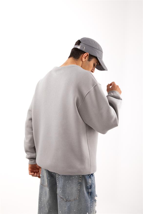 Cep Detaylı Gri Oversize Sweatshirt