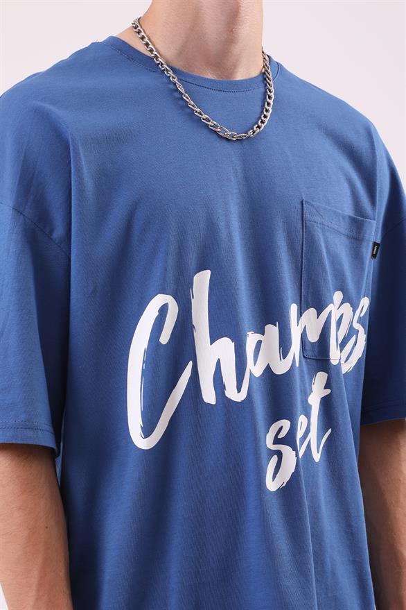 Champs Set Baskılı Mavi Oversize Tshirt